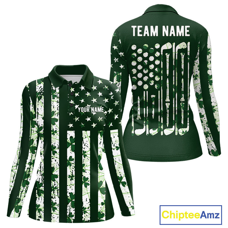Custom American Flag Green Shamrock Golf Polo Shirt St Patrick Golf Team Shirt