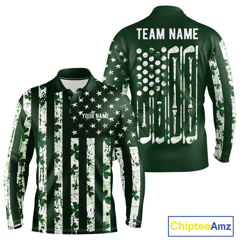 Custom American Flag Green Shamrock Golf Polo Shirt St Patrick Golf Team Shirt