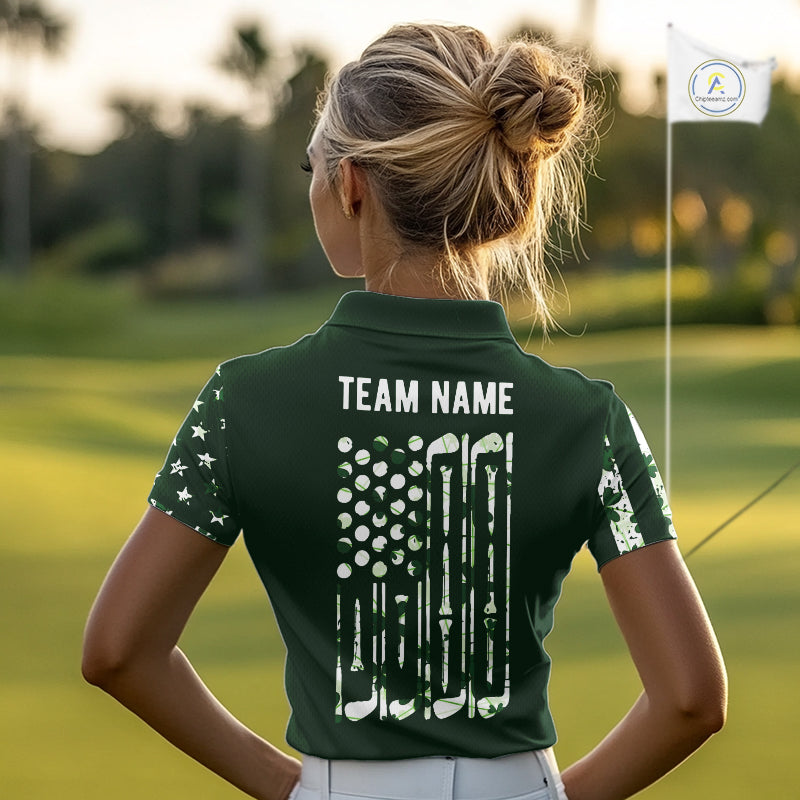 Custom American Flag Green Shamrock Golf Polo Shirt St Patrick Golf Team Shirt