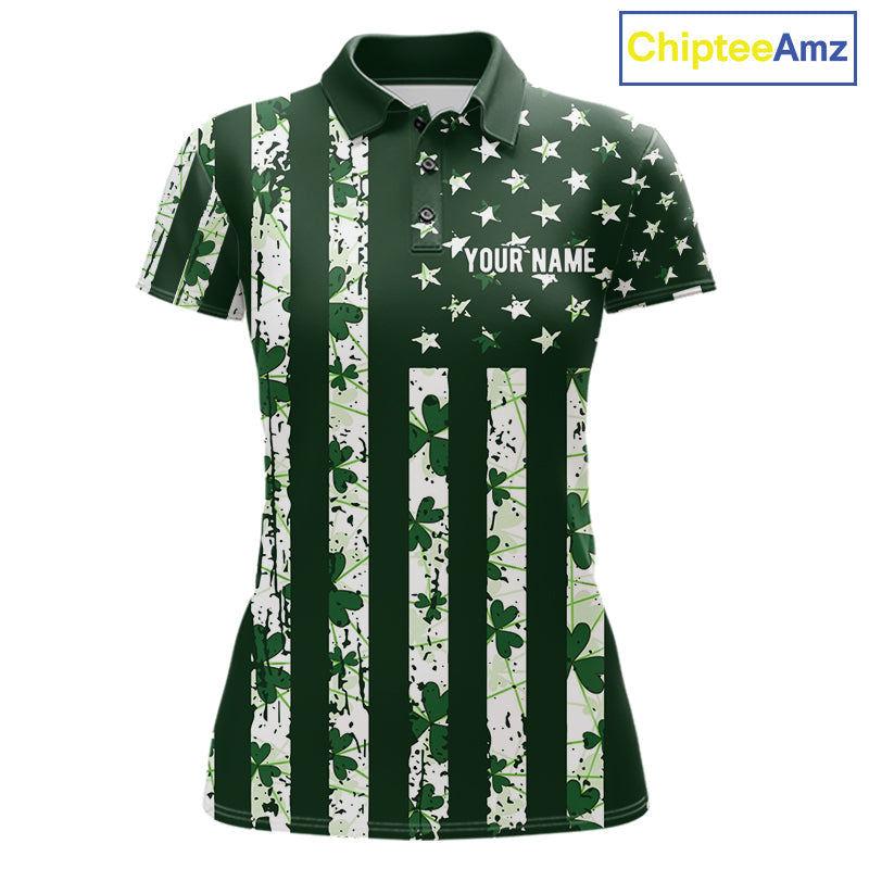 Custom American Flag Green Shamrock Golf Polo Shirt St Patrick Golf Team Shirt