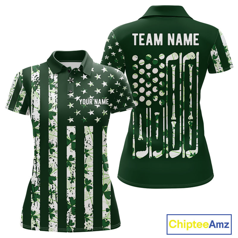 Custom American Flag Green Shamrock Golf Polo Shirt St Patrick Golf Team Shirt