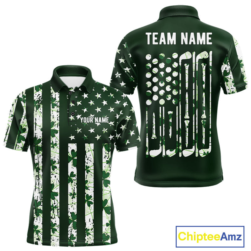 Custom American Flag Green Shamrock Golf Polo Shirt St Patrick Golf Team Shirt