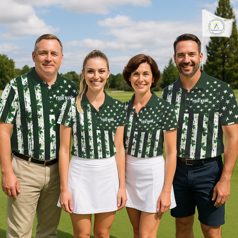Custom American Flag Green Shamrock Golf Polo Shirt St Patrick Golf Team Shirt
