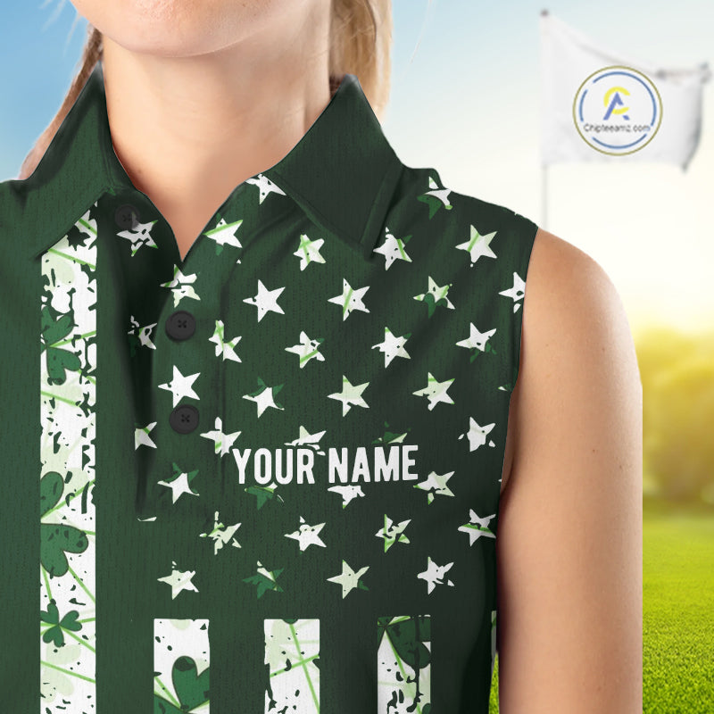 Custom American Flag Green Shamrock Golf Sleeveless Polo Shirt St Patrick Golf Team Shirt