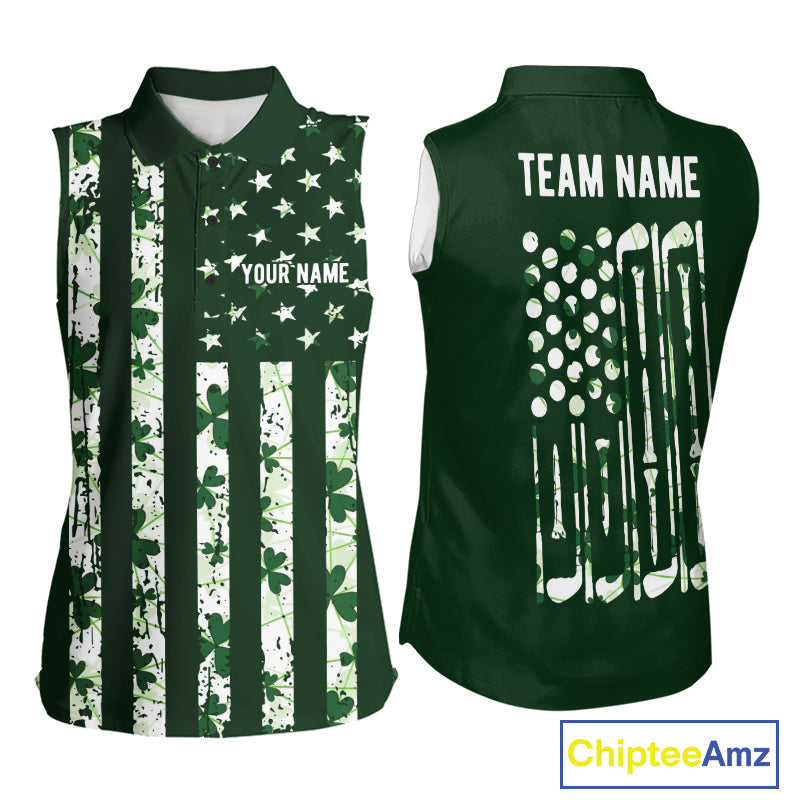 Custom American Flag Green Shamrock Golf Sleeveless Polo Shirt St Patrick Golf Team Shirt