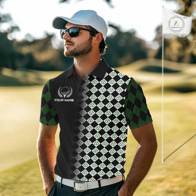 Custom Black & Green Argyle Pattern Shamrock Golf Polo Shirt St Patrick Golf Team Shirt