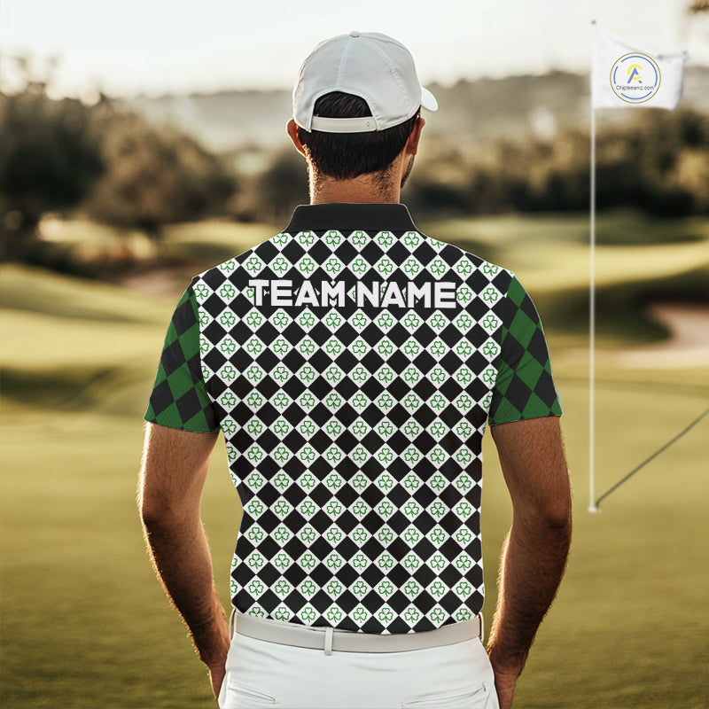 Custom Black & Green Argyle Pattern Shamrock Golf Polo Shirt St Patrick Golf Team Shirt