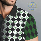 Custom Black & Green Argyle Pattern Shamrock Golf Polo Shirt St Patrick Golf Team Shirt