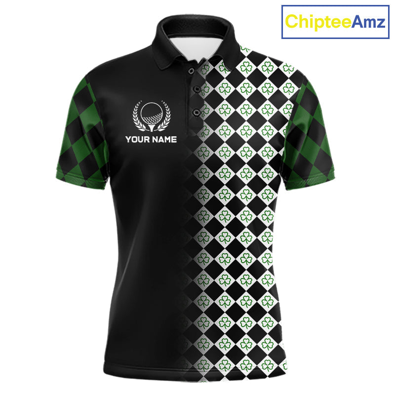 Custom Black & Green Argyle Pattern Shamrock Golf Polo Shirt St Patrick Golf Team Shirt