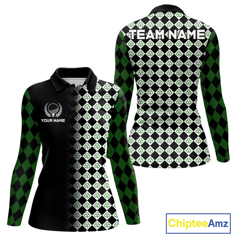 Custom Black & Green Argyle Pattern Shamrock Golf Polo Shirt St Patrick Golf Team Shirt