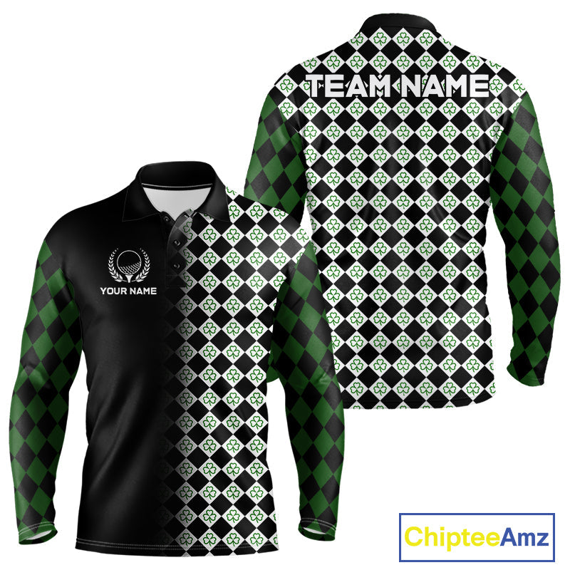 Custom Black & Green Argyle Pattern Shamrock Golf Polo Shirt St Patrick Golf Team Shirt