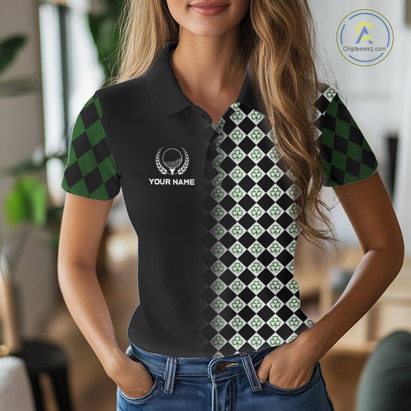 Custom Black & Green Argyle Pattern Shamrock Golf Polo Shirt St Patrick Golf Team Shirt