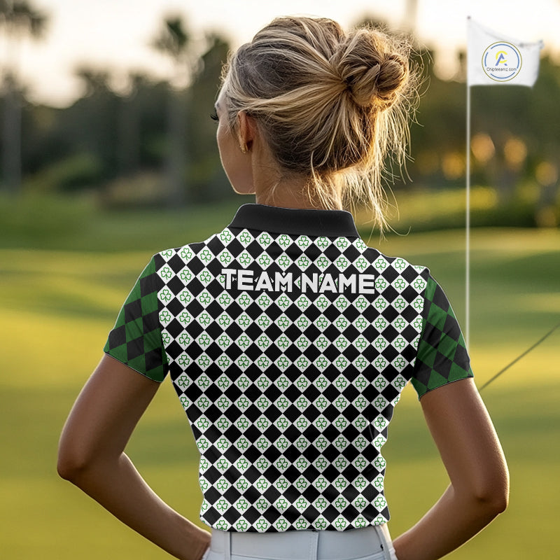 Custom Black & Green Argyle Pattern Shamrock Golf Polo Shirt St Patrick Golf Team Shirt