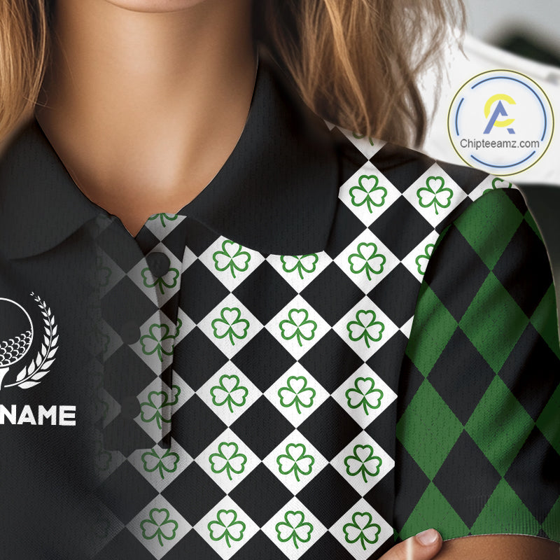 Custom Black & Green Argyle Pattern Shamrock Golf Polo Shirt St Patrick Golf Team Shirt