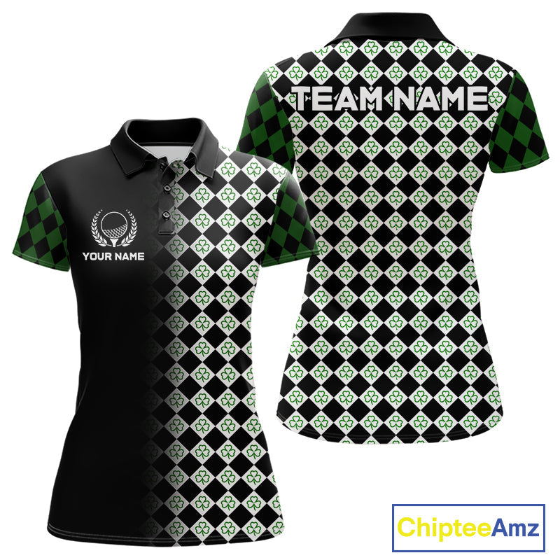 Custom Black & Green Argyle Pattern Shamrock Golf Polo Shirt St Patrick Golf Team Shirt