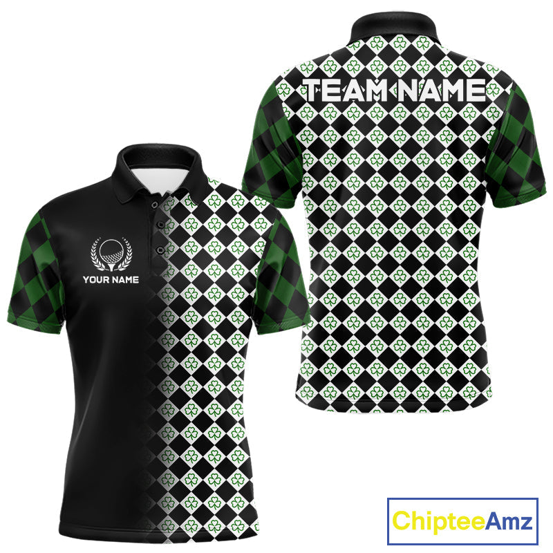 Custom Black & Green Argyle Pattern Shamrock Golf Polo Shirt St Patrick Golf Team Shirt