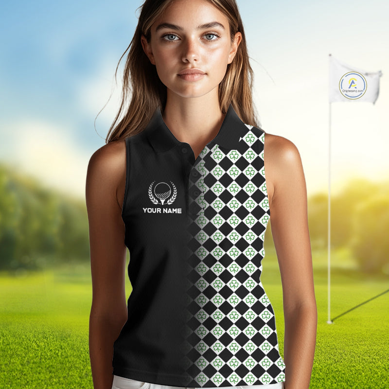 Custom Black & Green Argyle Pattern Shamrock Golf Sleeveless Polo Shirt St Patrick Golf Team Shirt