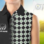 Custom Black & Green Argyle Pattern Shamrock Golf Sleeveless Polo Shirt St Patrick Golf Team Shirt