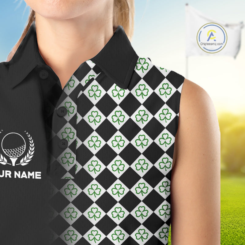 Custom Black & Green Argyle Pattern Shamrock Golf Sleeveless Polo Shirt St Patrick Golf Team Shirt