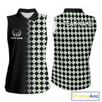 Custom Black & Green Argyle Pattern Shamrock Golf Sleeveless Polo Shirt St Patrick Golf Team Shirt