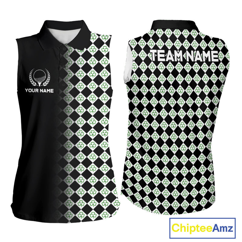 Custom Black & Green Argyle Pattern Shamrock Golf Sleeveless Polo Shirt St Patrick Golf Team Shirt