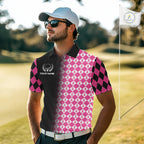 Custom Black & Pink Ribbon Argyle Pattern Golf Polo Shirt Breast Cancer Golf Team Shirt