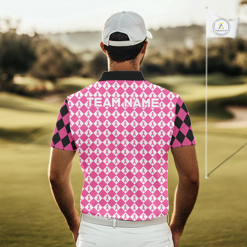 Custom Black & Pink Ribbon Argyle Pattern Golf Polo Shirt Breast Cancer Golf Team Shirt
