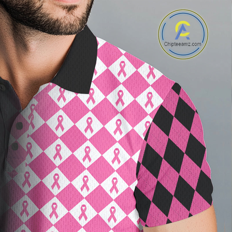 Custom Black & Pink Ribbon Argyle Pattern Golf Polo Shirt Breast Cancer Golf Team Shirt
