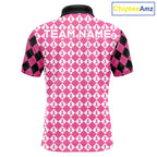 Custom Black & Pink Ribbon Argyle Pattern Golf Polo Shirt Breast Cancer Golf Team Shirt