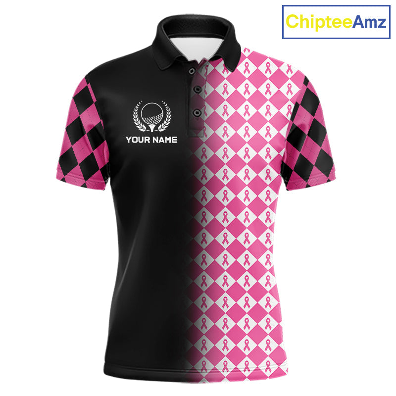 Custom Black & Pink Ribbon Argyle Pattern Golf Polo Shirt Breast Cancer Golf Team Shirt