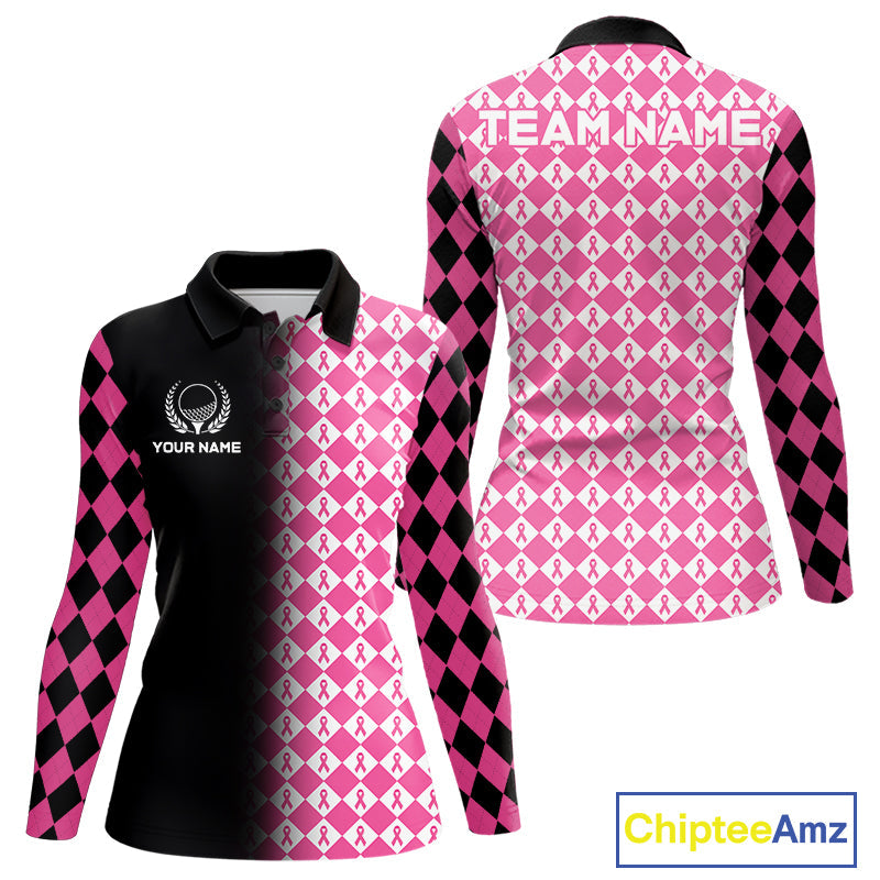 Custom Black & Pink Ribbon Argyle Pattern Golf Polo Shirt Breast Cancer Golf Team Shirt