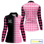 Custom Black & Pink Ribbon Argyle Pattern Golf Polo Shirt Breast Cancer Golf Team Shirt