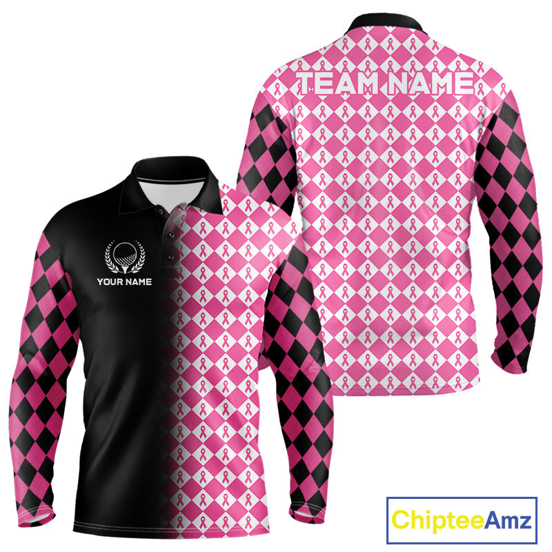 Custom Black & Pink Ribbon Argyle Pattern Golf Polo Shirt Breast Cancer Golf Team Shirt
