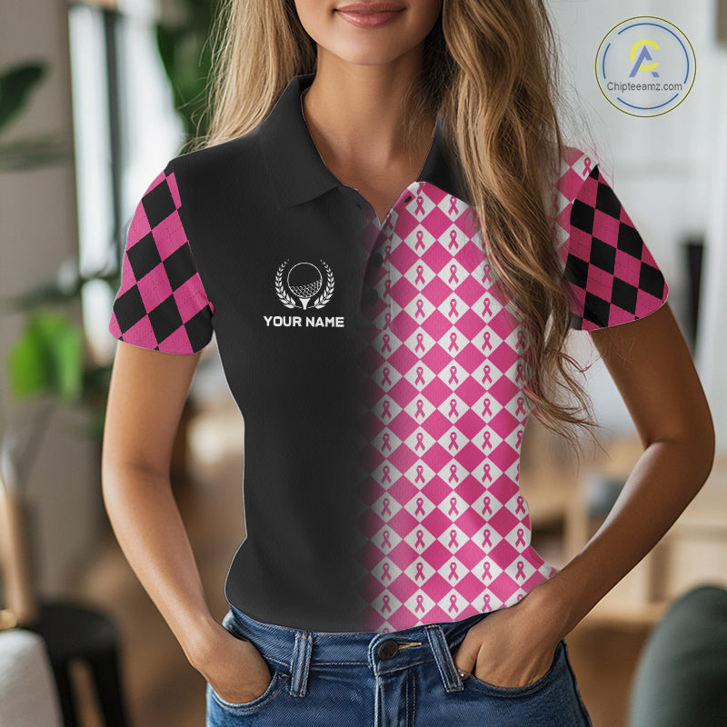 Custom Black & Pink Ribbon Argyle Pattern Golf Polo Shirt Breast Cancer Golf Team Shirt