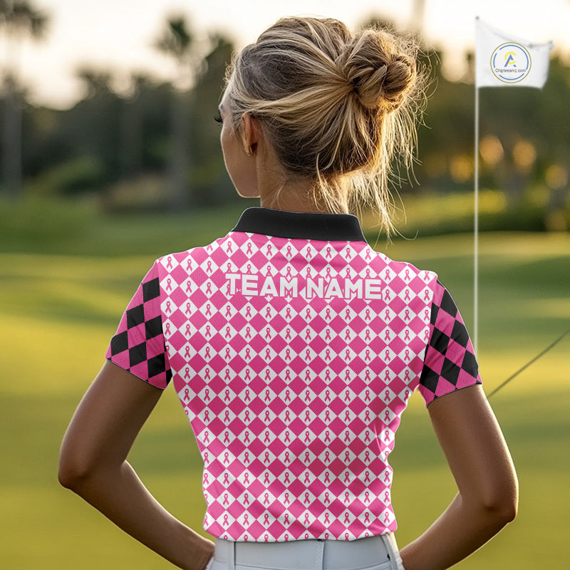Custom Black & Pink Ribbon Argyle Pattern Golf Polo Shirt Breast Cancer Golf Team Shirt