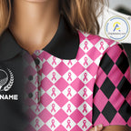 Custom Black & Pink Ribbon Argyle Pattern Golf Polo Shirt Breast Cancer Golf Team Shirt