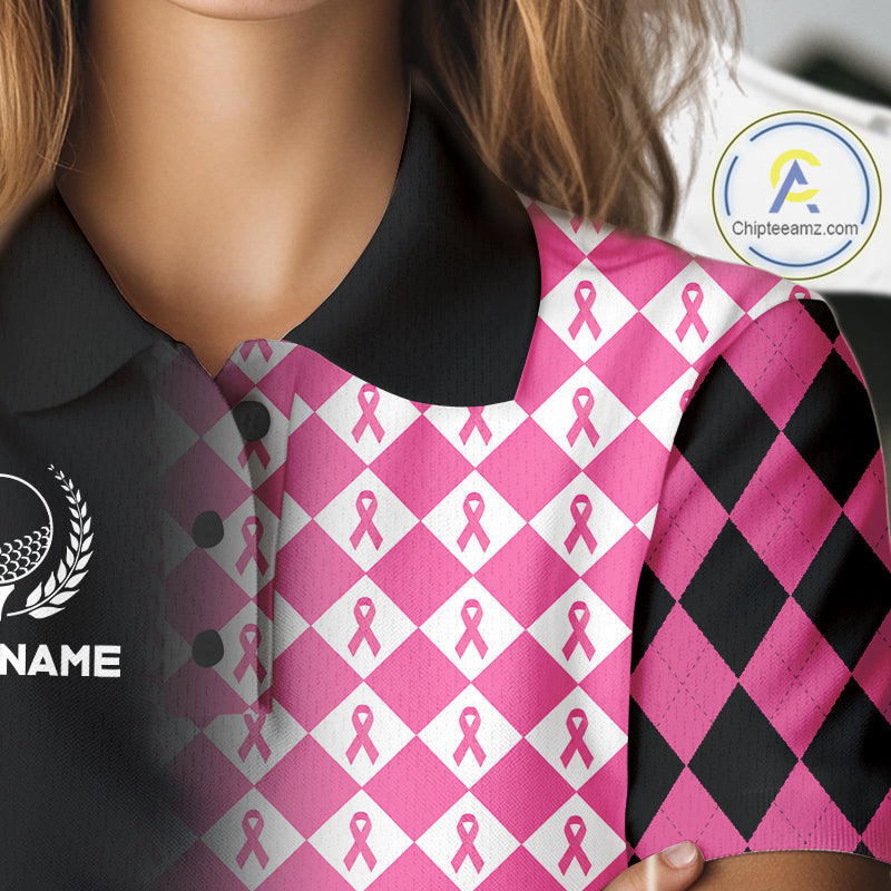 Custom Black & Pink Ribbon Argyle Pattern Golf Polo Shirt Breast Cancer Golf Team Shirt