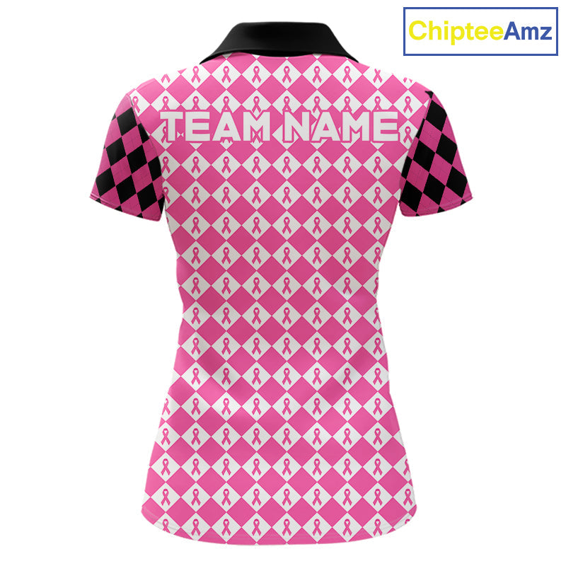 Custom Black & Pink Ribbon Argyle Pattern Golf Polo Shirt Breast Cancer Golf Team Shirt
