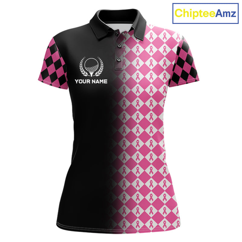 Custom Black & Pink Ribbon Argyle Pattern Golf Polo Shirt Breast Cancer Golf Team Shirt