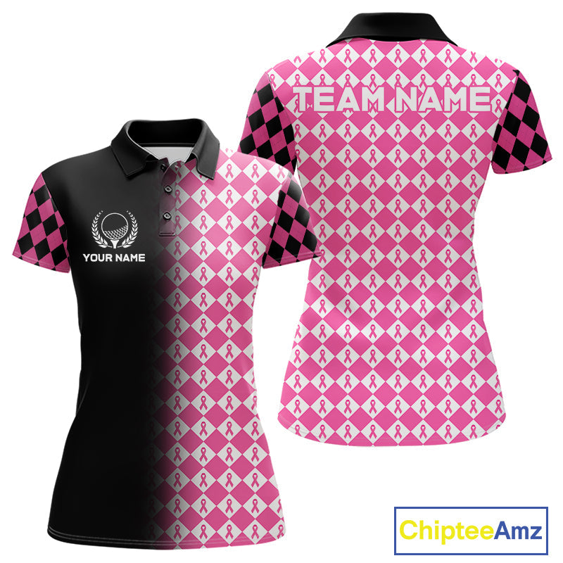 Custom Black & Pink Ribbon Argyle Pattern Golf Polo Shirt Breast Cancer Golf Team Shirt