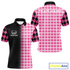 Custom Black & Pink Ribbon Argyle Pattern Golf Polo Shirt Breast Cancer Golf Team Shirt