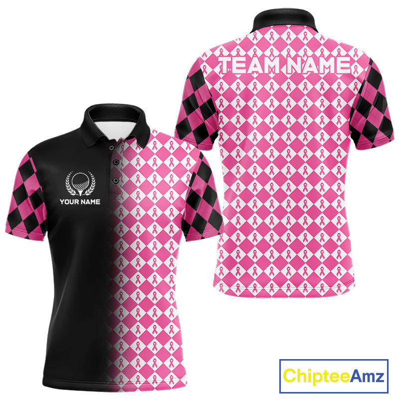 Custom Black & Pink Ribbon Argyle Pattern Golf Polo Shirt Breast Cancer Golf Team Shirt