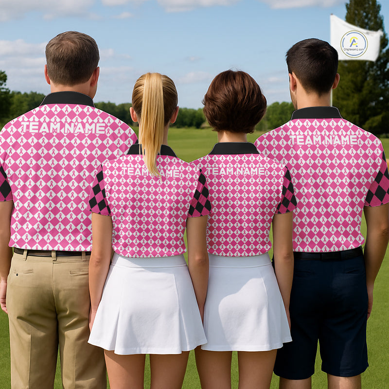 Custom Black & Pink Ribbon Argyle Pattern Golf Polo Shirt Breast Cancer Golf Team Shirt