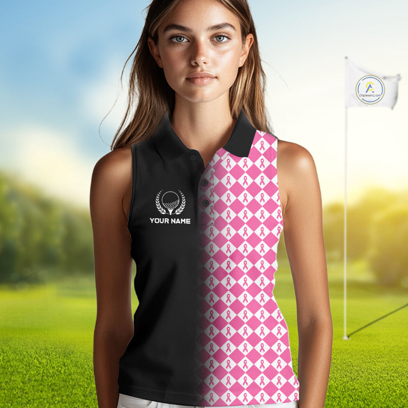 Custom Black & Pink Ribbon Argyle Pattern Golf Sleeveless Polo Shirt Breast Cancer Golf Team Shirt