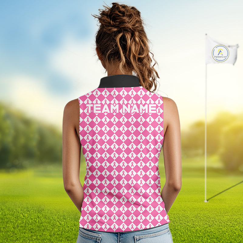 Custom Black & Pink Ribbon Argyle Pattern Golf Sleeveless Polo Shirt Breast Cancer Golf Team Shirt
