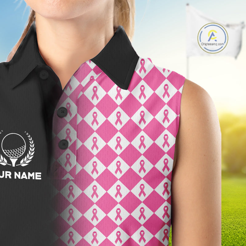 Custom Black & Pink Ribbon Argyle Pattern Golf Sleeveless Polo Shirt Breast Cancer Golf Team Shirt