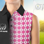 Custom Black & Pink Ribbon Argyle Pattern Golf Sleeveless Polo Shirt Breast Cancer Golf Team Shirt