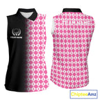 Custom Black & Pink Ribbon Argyle Pattern Golf Sleeveless Polo Shirt Breast Cancer Golf Team Shirt