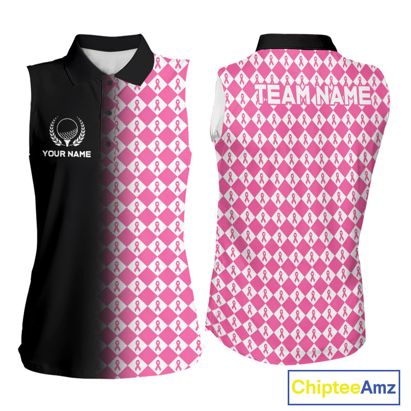Custom Black & Pink Ribbon Argyle Pattern Golf Sleeveless Polo Shirt Breast Cancer Golf Team Shirt
