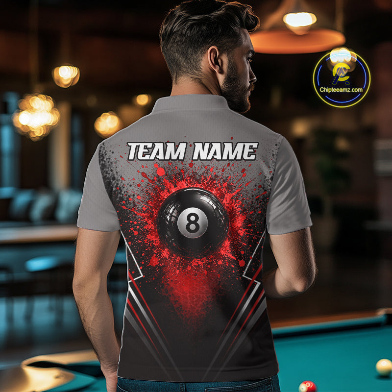 Personalized Grey And Red Splatter 8 Ball Pool Billiard Shirt Custom Billiard Team Jersey